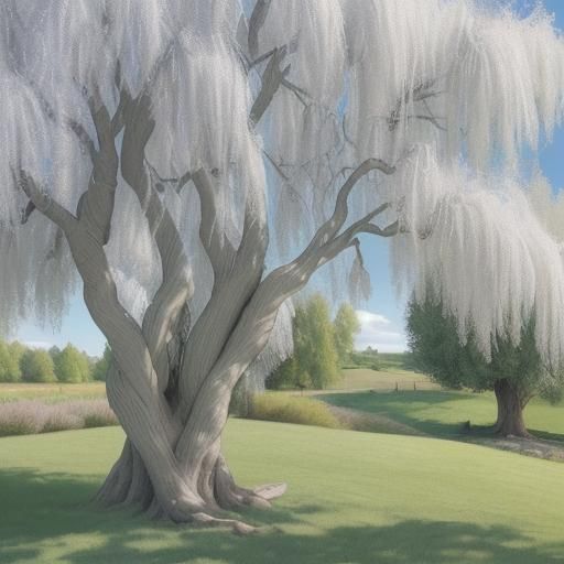a painting of a wispy willow tree, in the style of spectacul...