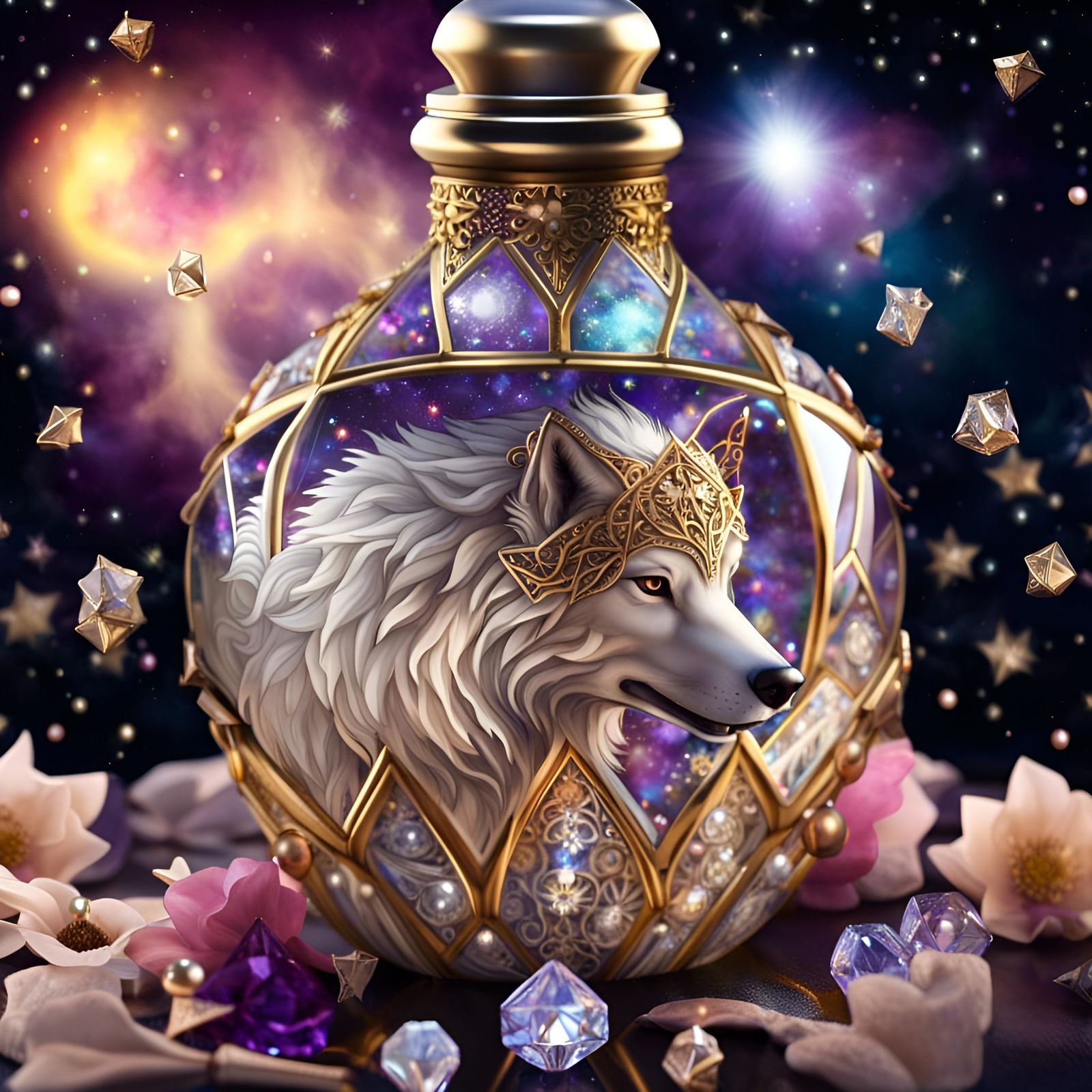Majestic White Alpha Wolf in a Bejewelled Crystal Glass Flacon