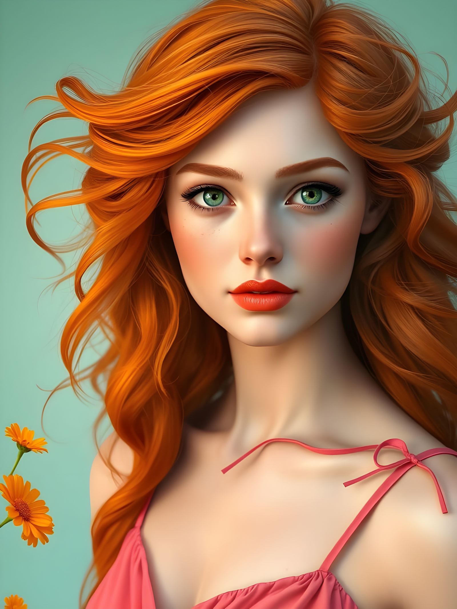 Elegant Woman in Vibrant Orange Hair with Floral Touches