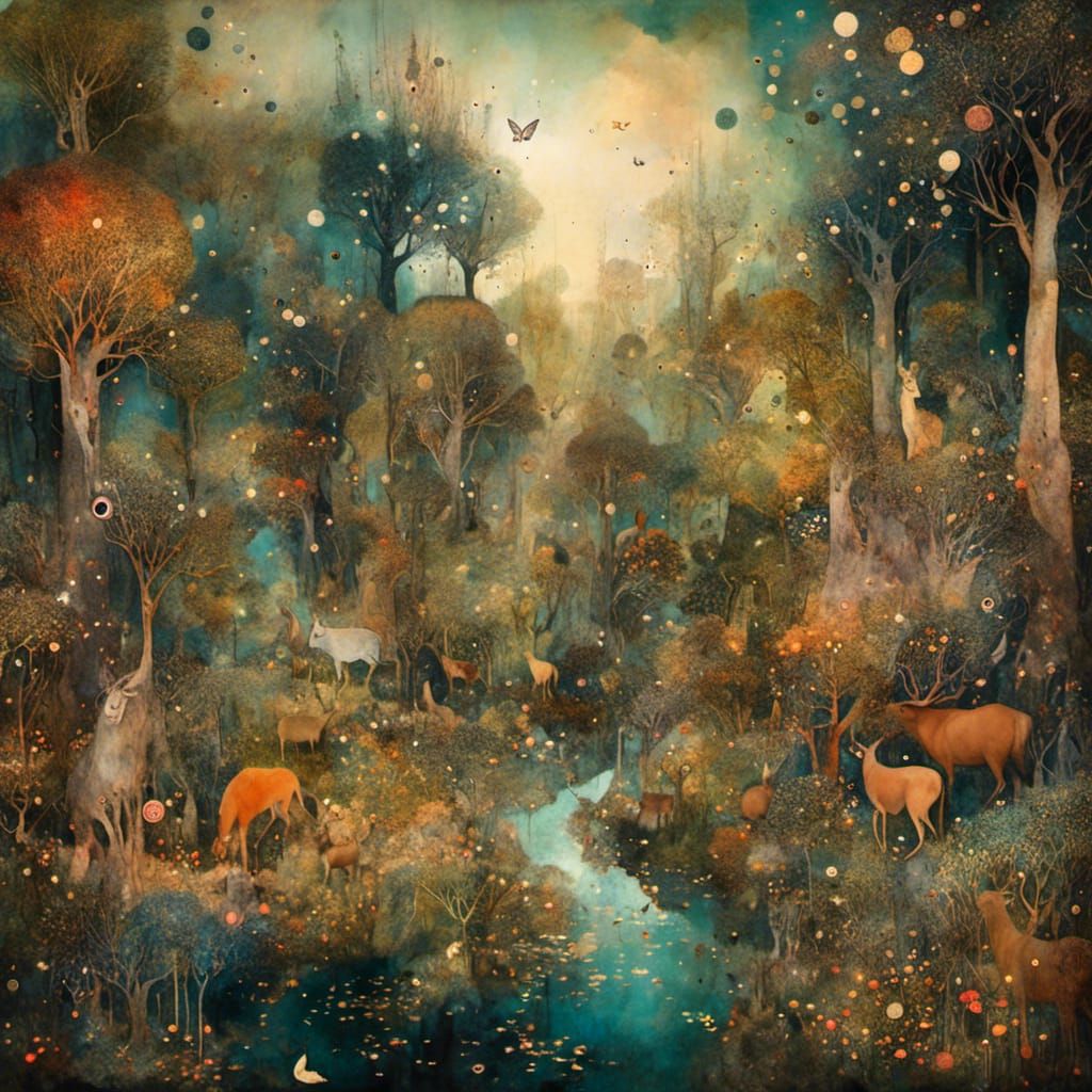 <lora:AbstractWhimsicalXL:1.0> Surreal picture of a whimsical landscape full of forest animals