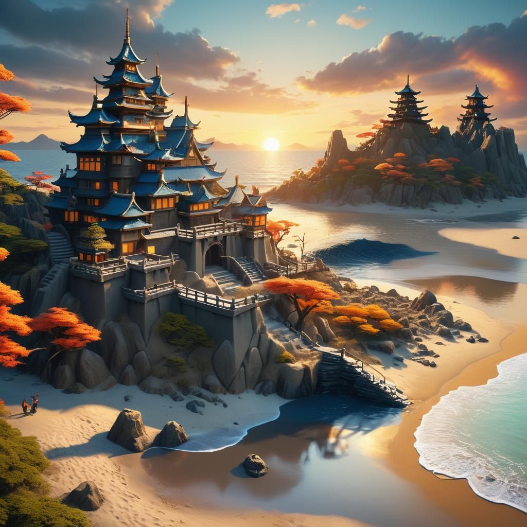 Japanese Sand Castle at Sunset: Matte Painting
