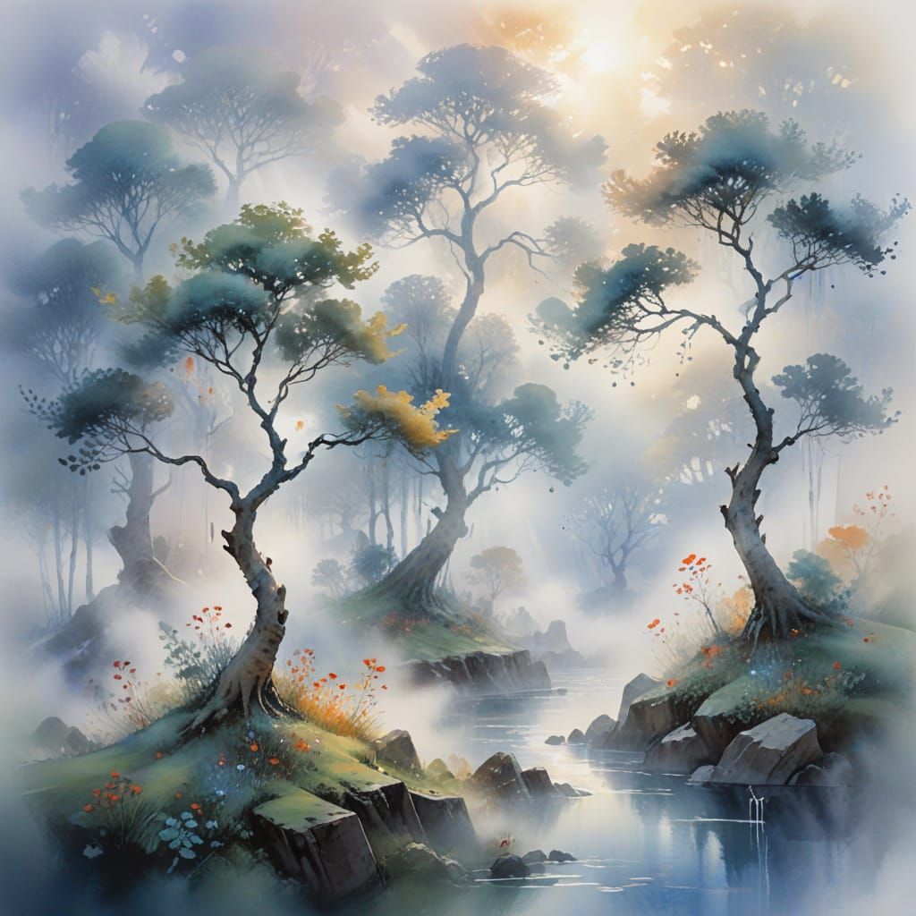 Ethereal Floating Spirit Trees in Dreamlike Watercolour
