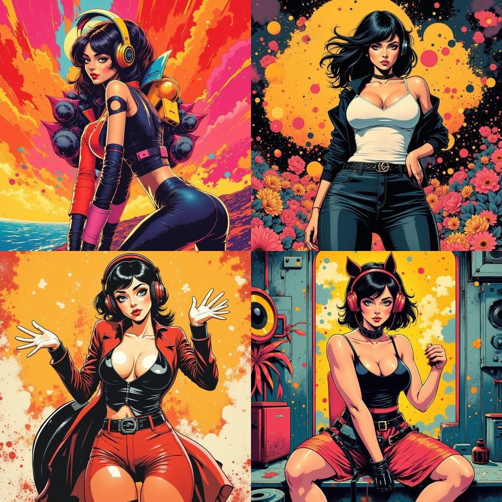 Pinup in Linoleum Print Style with Headphones