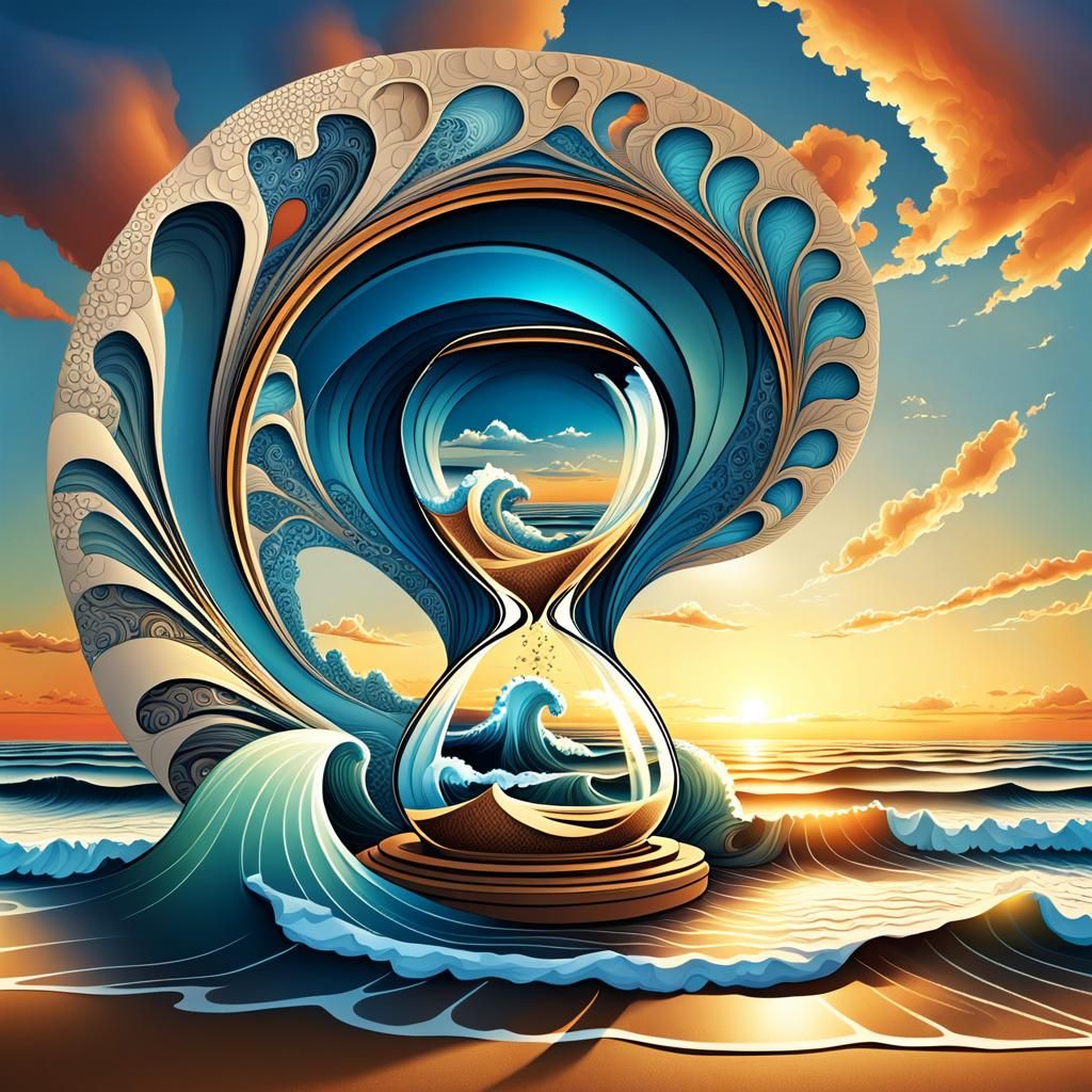 Hourglass on Beach at Sunset with Fractal Elements