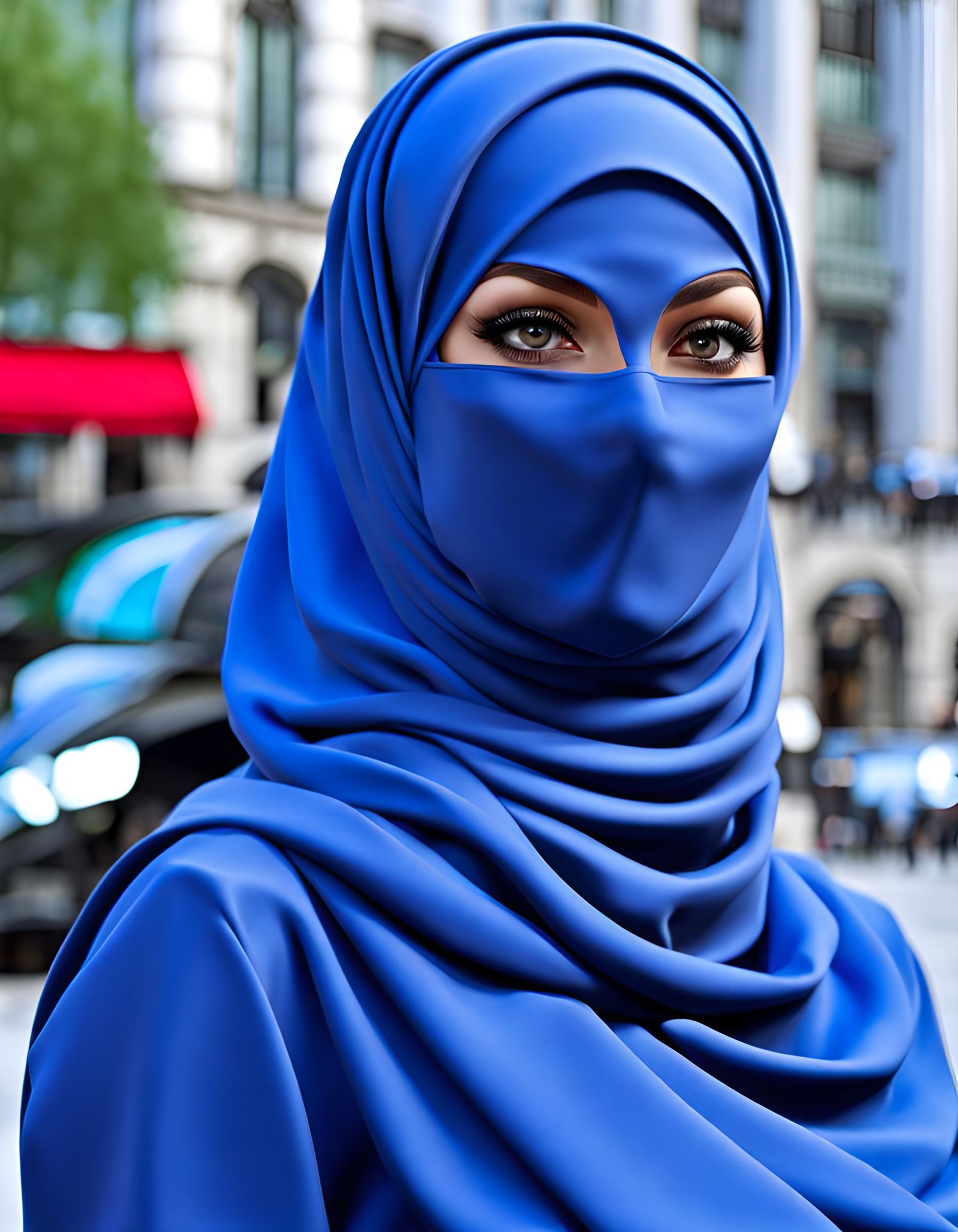 Stunning Hijabi Girl in Cityscape: Hyperrealistic Image