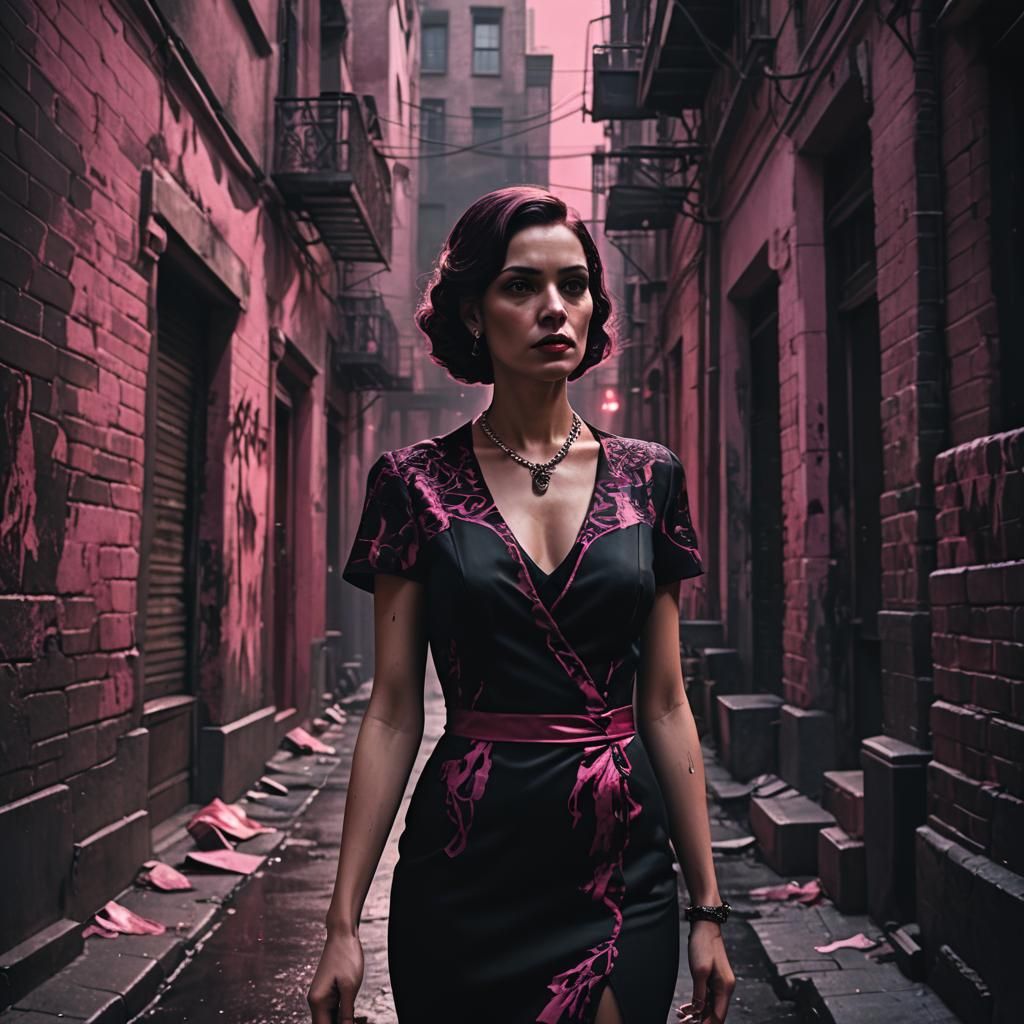 Gothic Noir Mafia Woman in Dark Alleyway
