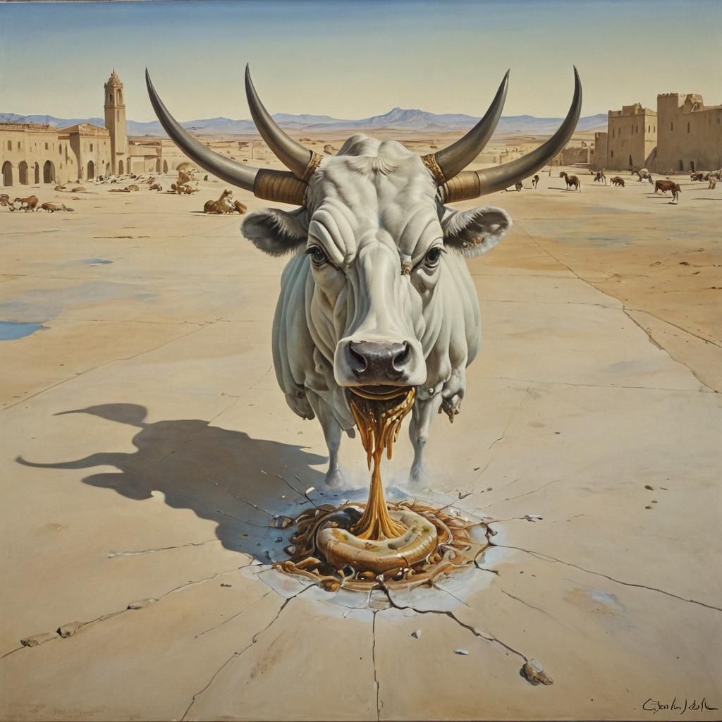 Surreal Mooing Cow Head in Deserted Plaza: Dali Style