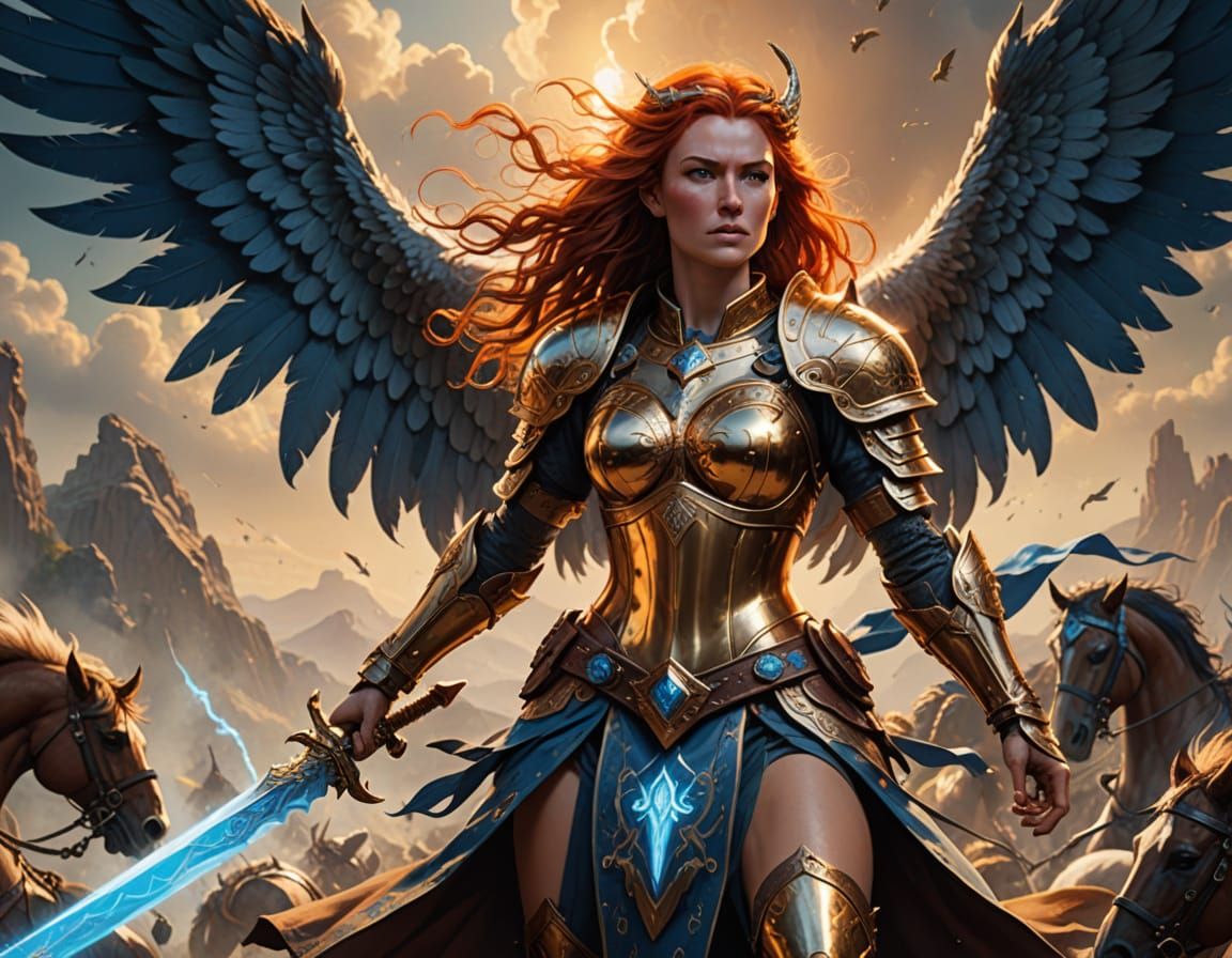Valkyrie Descends on Winged Horse in Digital Painting