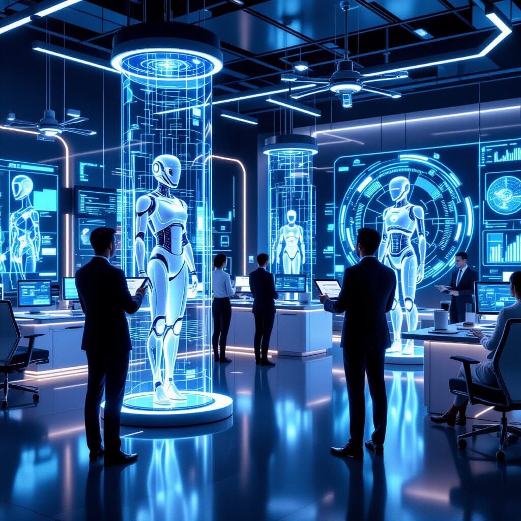 Futuristic Office with AI Assistants & Holographic Displays