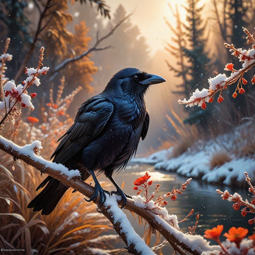 Ethereal Crow Portrait in Soft Focus Landscape