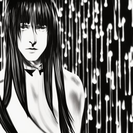 Goth Young Man in Rain, Manga Style Portrait