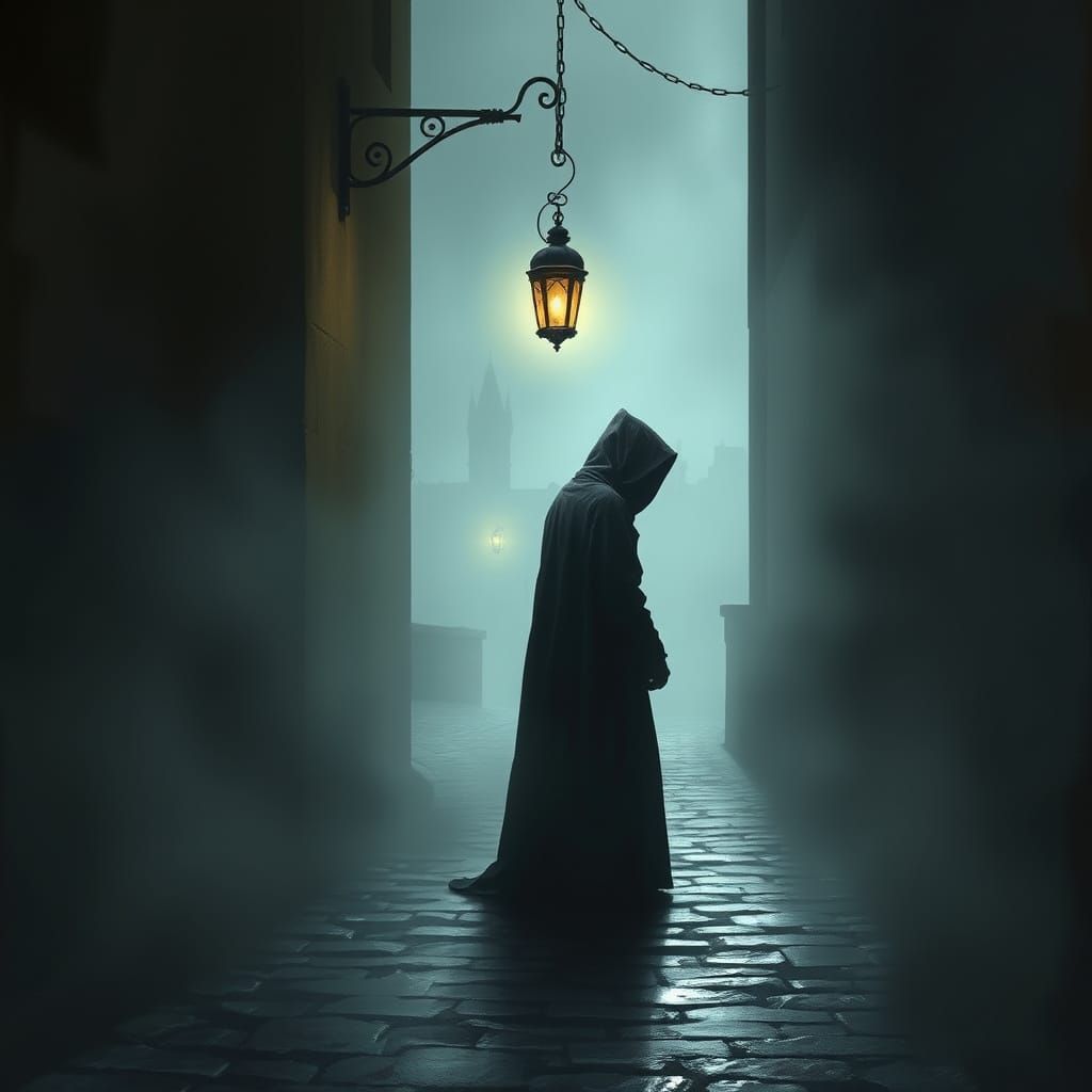 Mysterious Cloaked Figure in Foggy Alleyway with Lantern