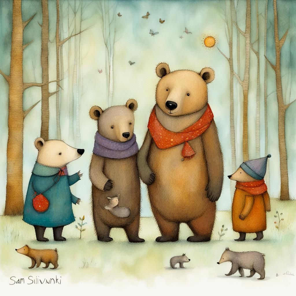 Whimsical Bear Cub and Friends in Magical Illustration
