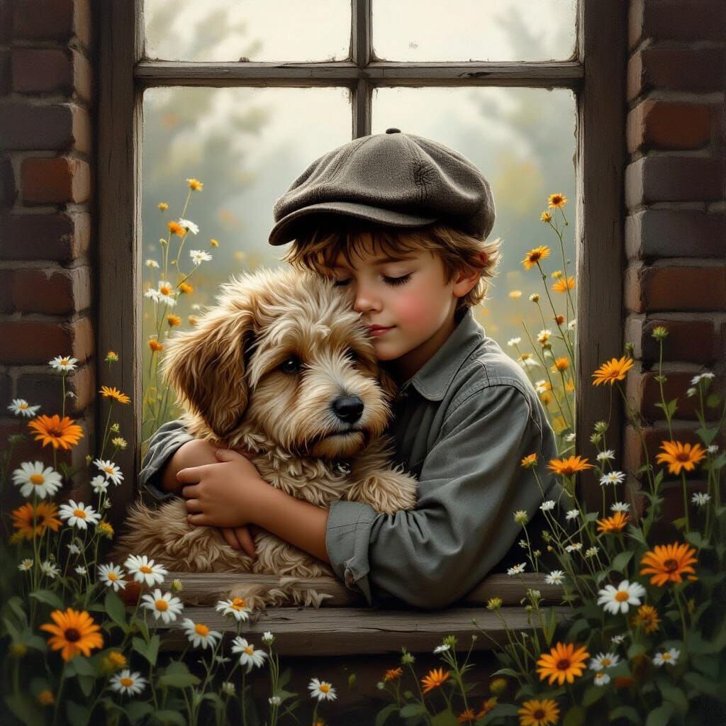 Boy Hugs Dog by Old Window in Muted Tones