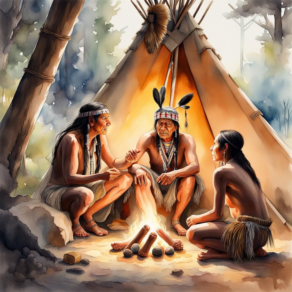 Heartwarming Watercolour of Shaman Telling Stories