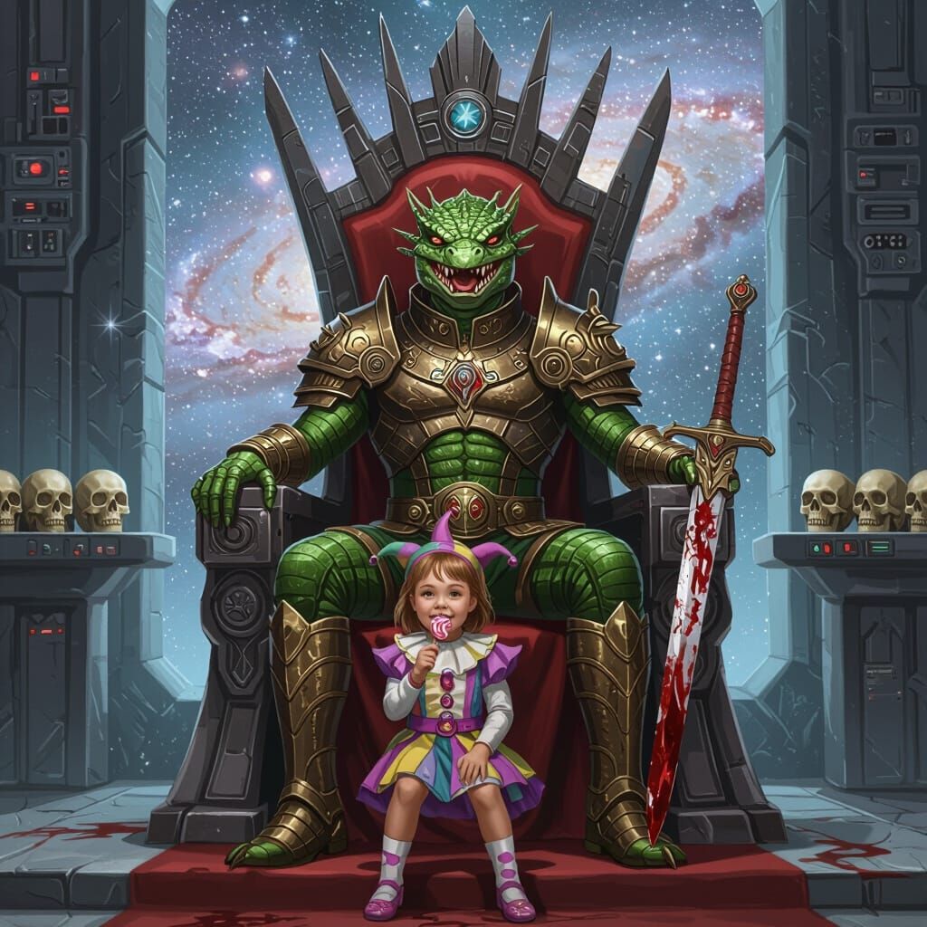 Lizard-Skinned Emperor on Throne with Jester