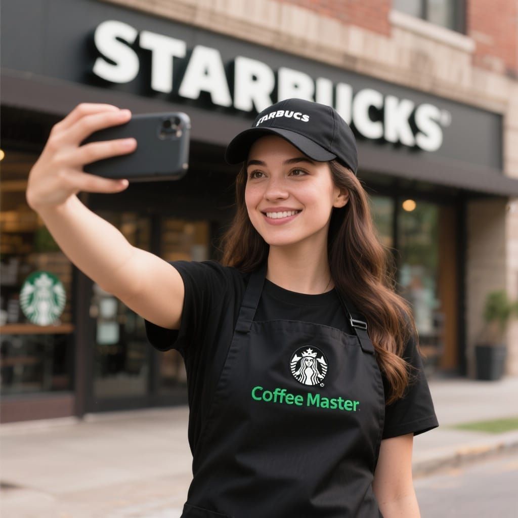 Starbucks Barista Selfie in Photorealistic Style