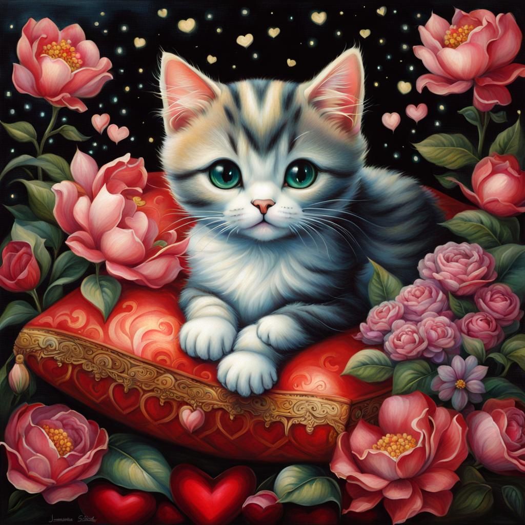 Cat on Pillow Surrounded by Flowers, in Magic Realism Style