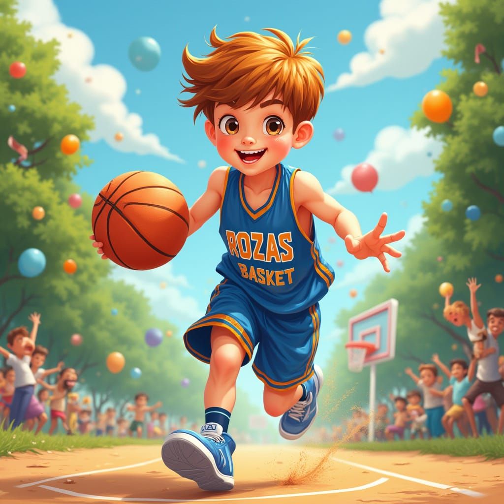 Energetic 14-Year-Old Boy Plays Basketball in a Joyful Outdo...