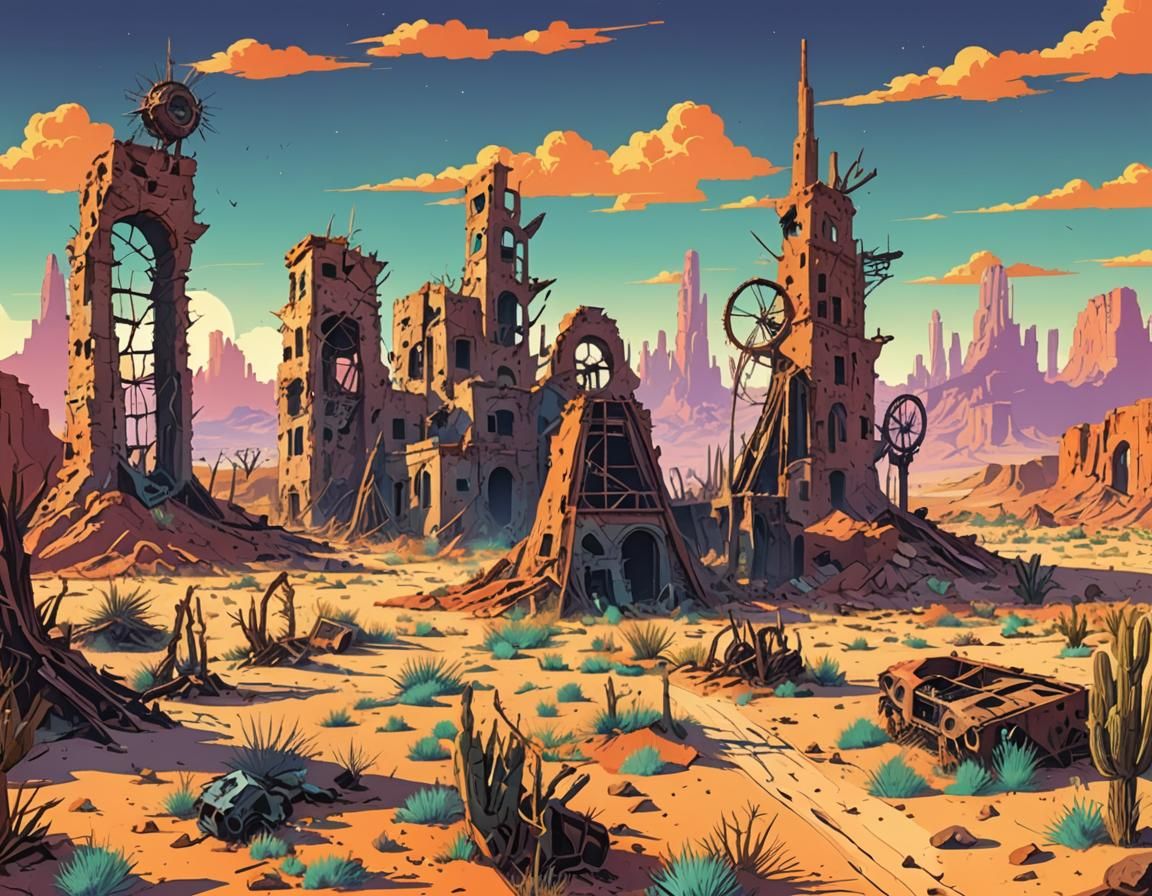 Vibrant Post-Apocalyptic Desert City Ruins in Vector Art