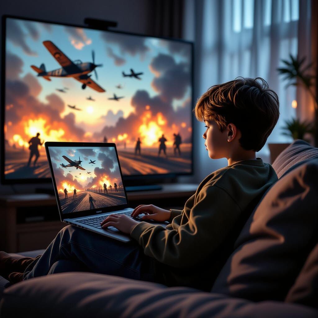 Boy Watching 3D WWII Film on Laptop