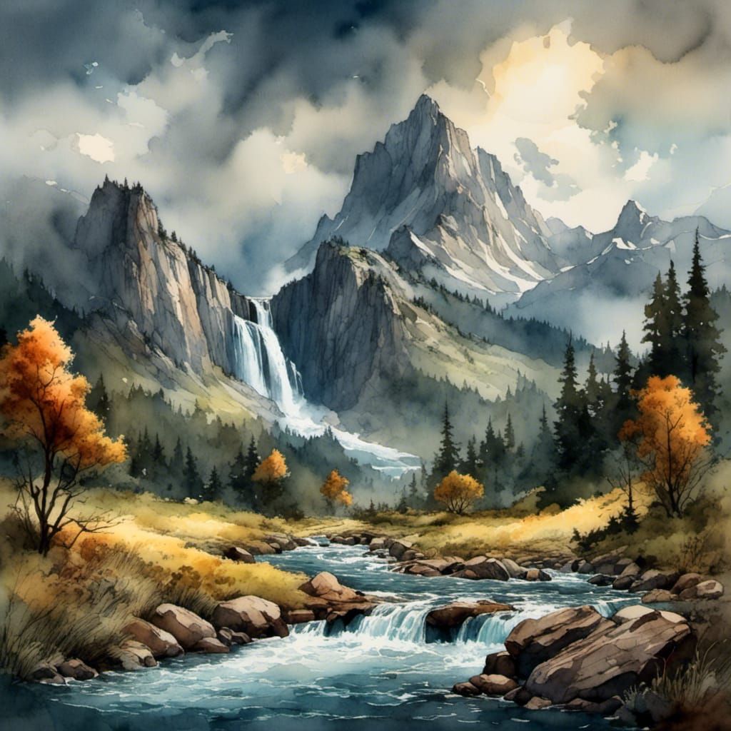 Stormy Mountain Meadow Waterfall in Watercolor