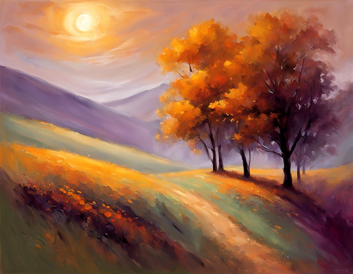 Moonlit Landscape Painting in Earth Tones and Purple