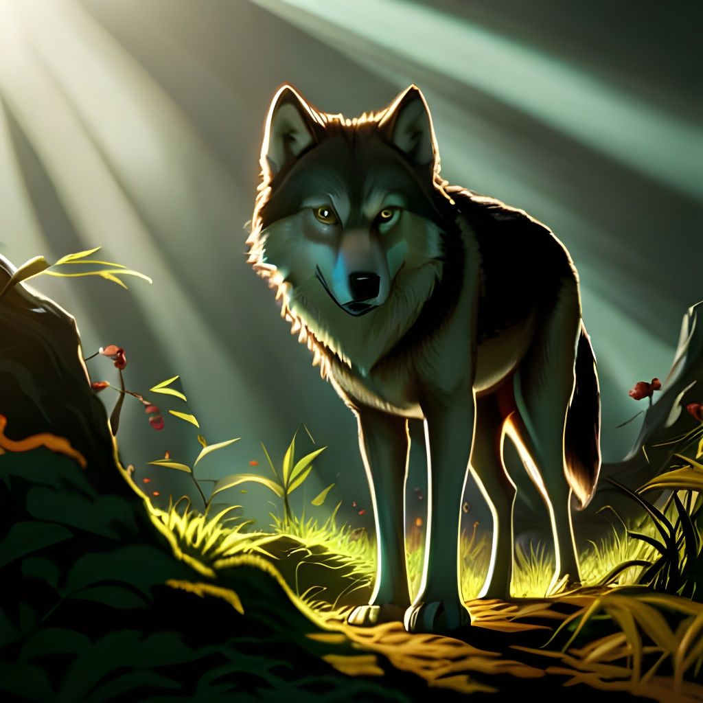 Detailed Wolf in Dark Forest: Realistic 16k