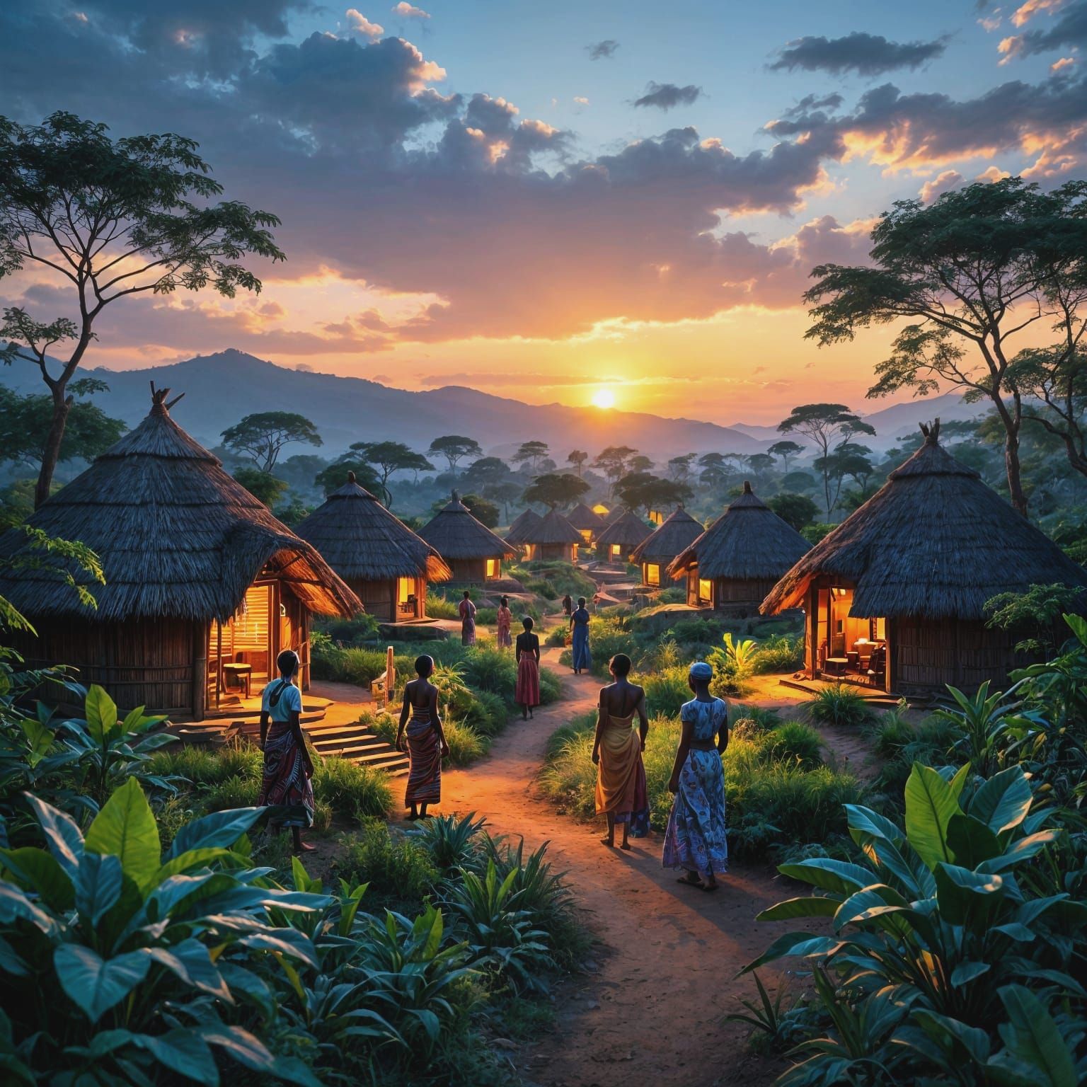 Futuristic Ugandan Village with Bioluminescent Flora