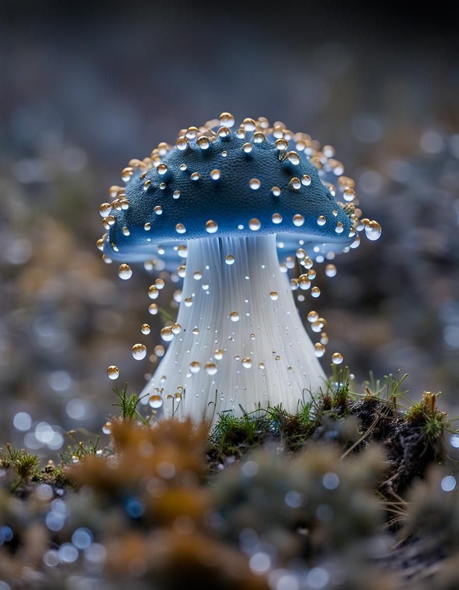 Blue Mushroom with Golden Droplets: High-Resolution Photo