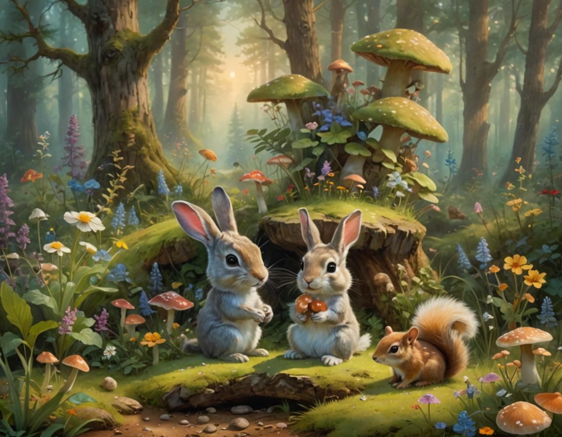 Enchanted Forest: Bunny and Squirrel in Ethereal Fantasy