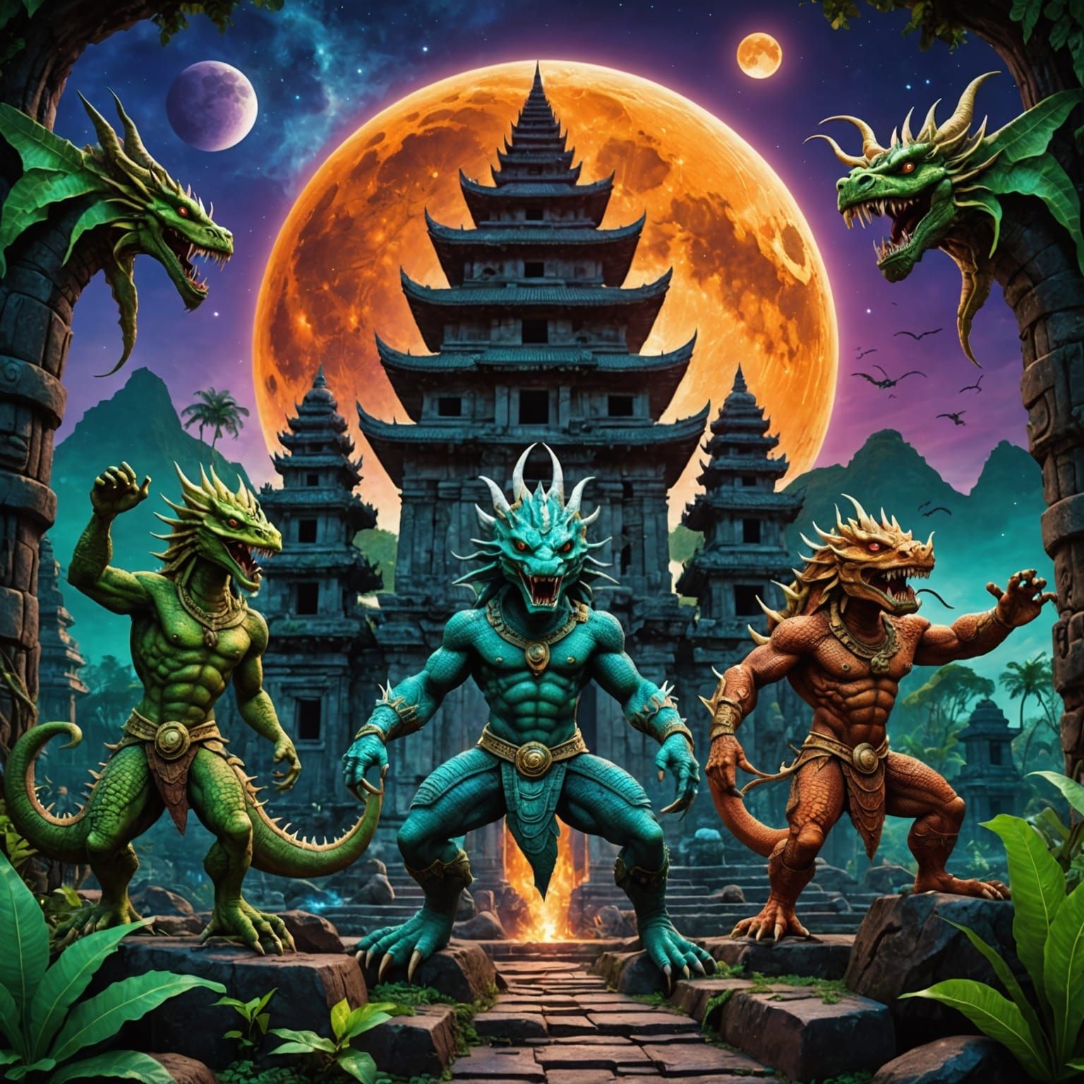 Naga Monsters Dancing: Holographic Astral Illustration