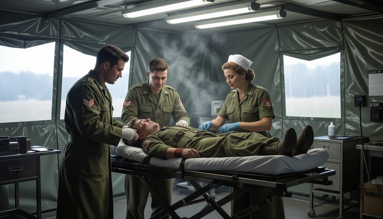 Korean War Field Hospital Scene: Doctors and Nurse Aid Soldi...