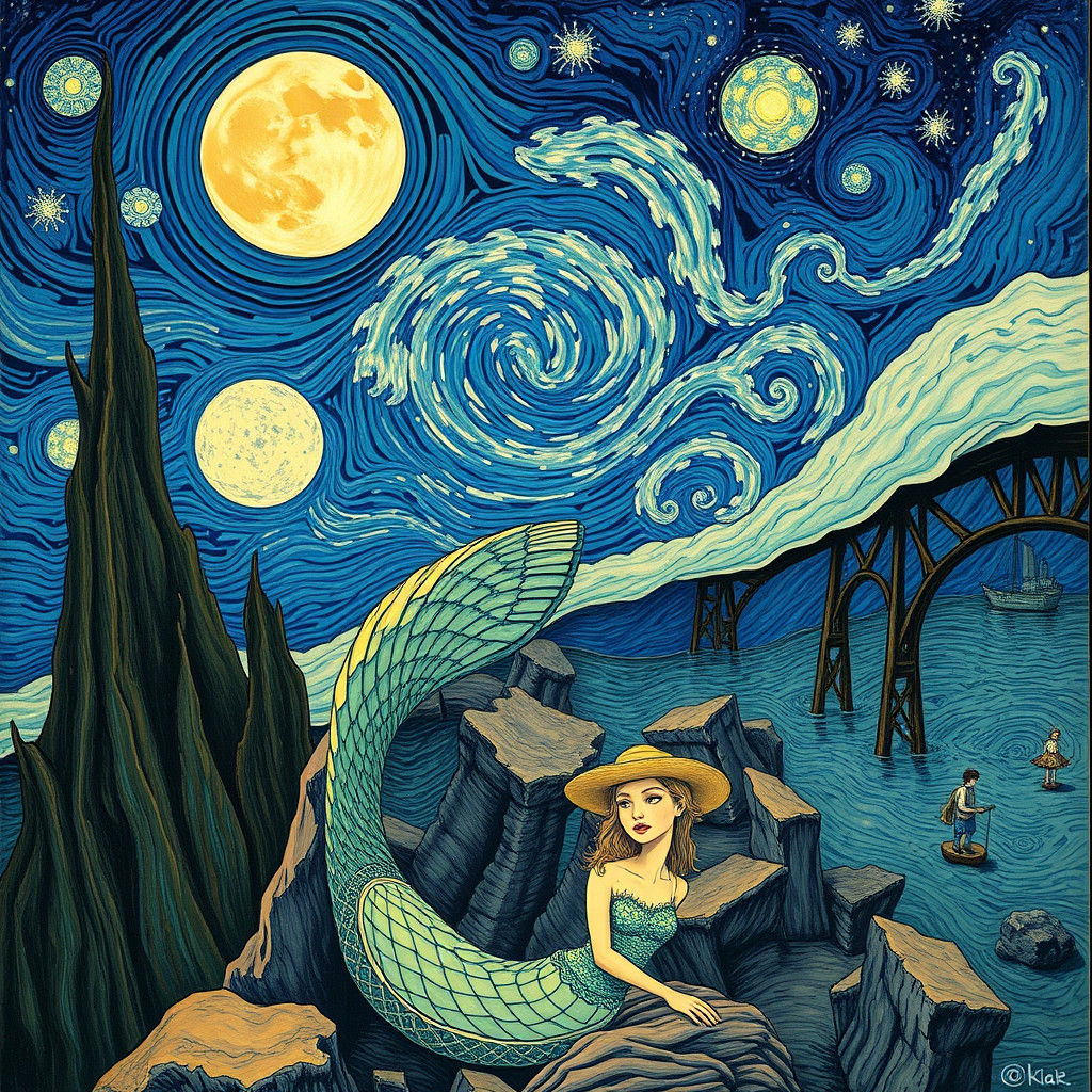 Majestic Majolica Moonlit Mermaid in a Whimsical Dreamscape