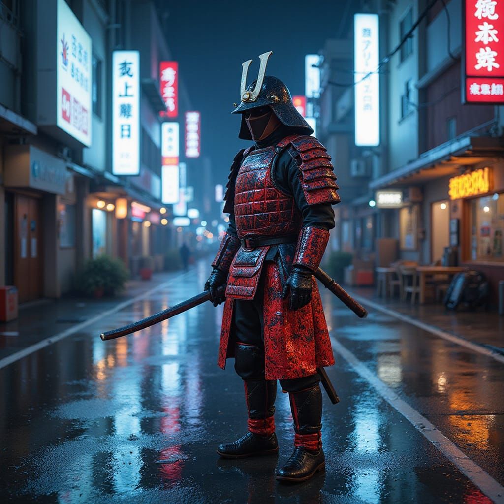 Cyberpunk Samurai in Rain-Soaked Tokyo