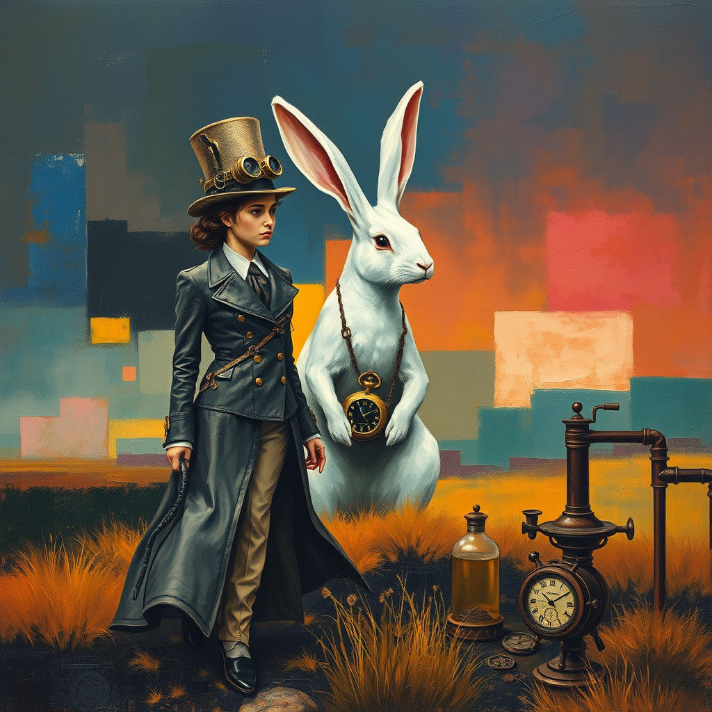 Steampunk Woman and White Rabbit in Surreal Landscape