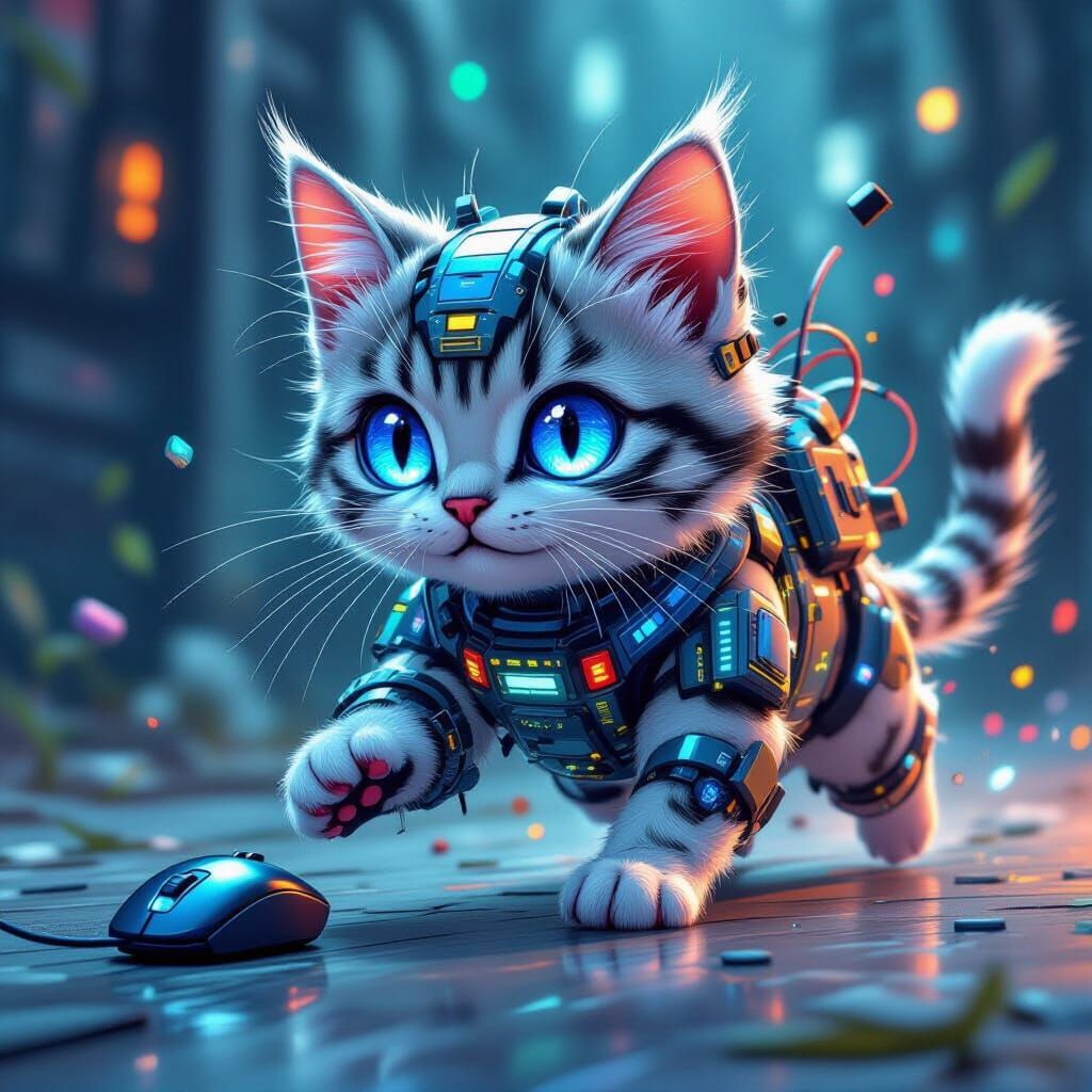 Cat Computer Chasing Mouse in Digital Art Style