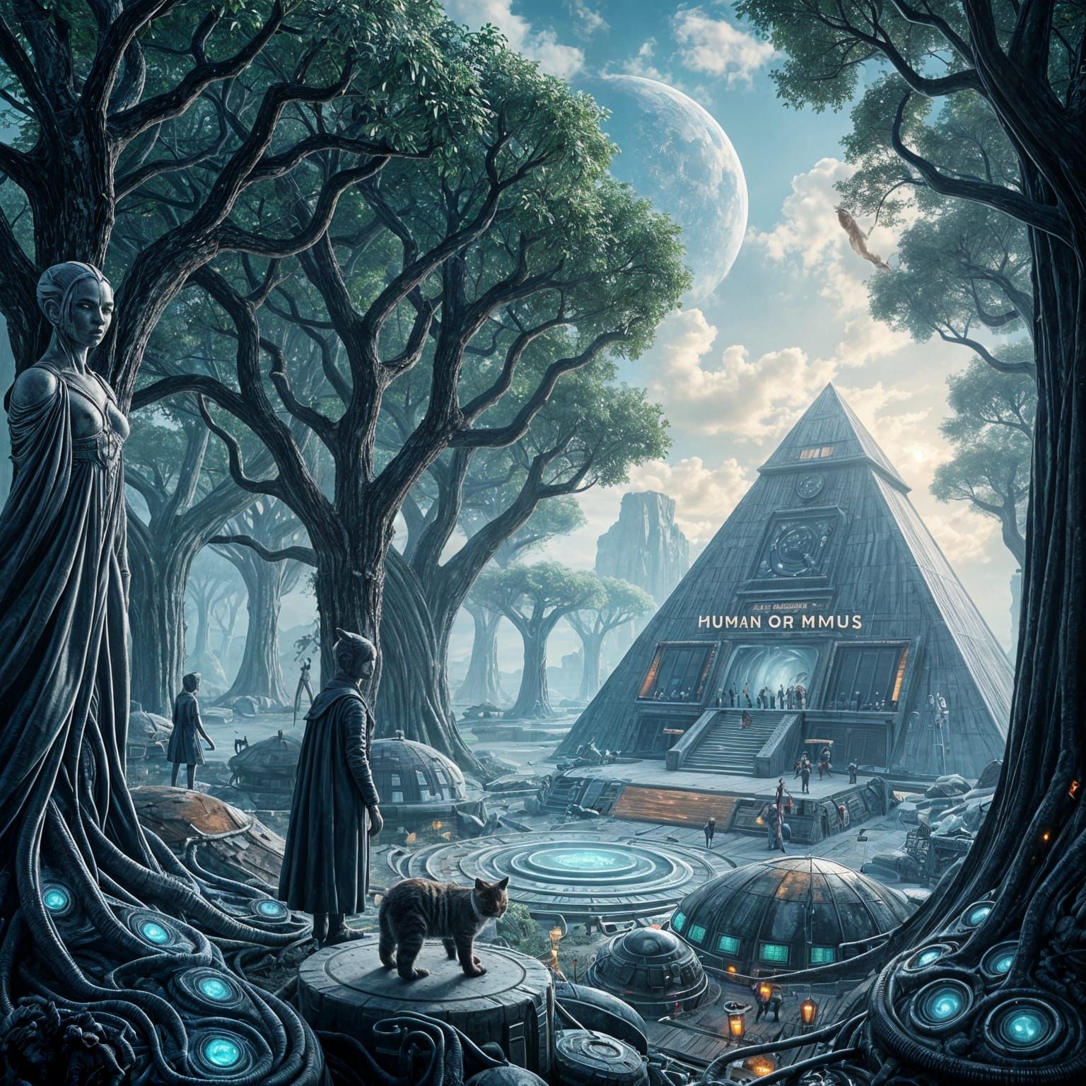 Surreal Futuristic Landscape with Cybernetic Elements and Gr...