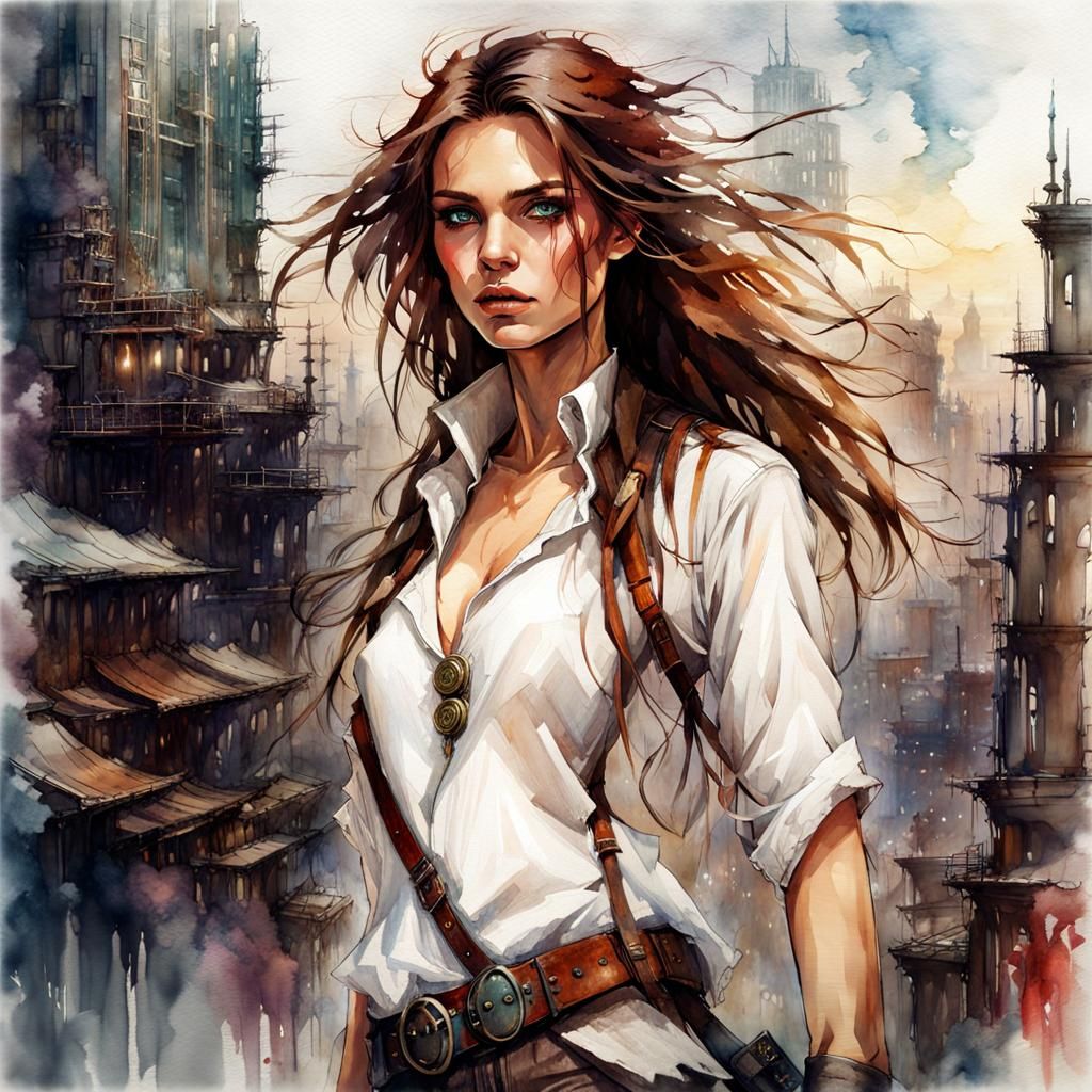 Sci-Fi Steampunk Warrior in Digital Watercolor Illustration