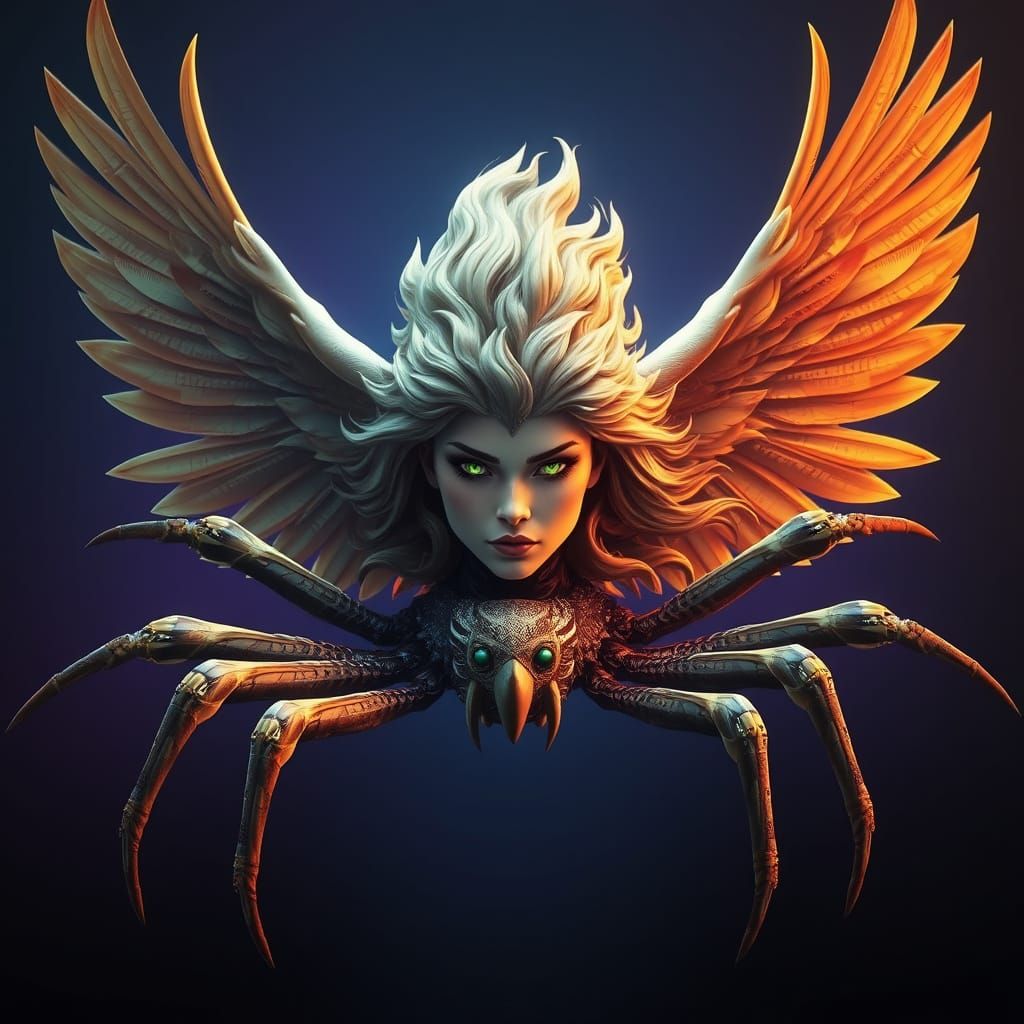 Regal Woman with Eagle Wings and Spider Legs in Dark, Vibran...