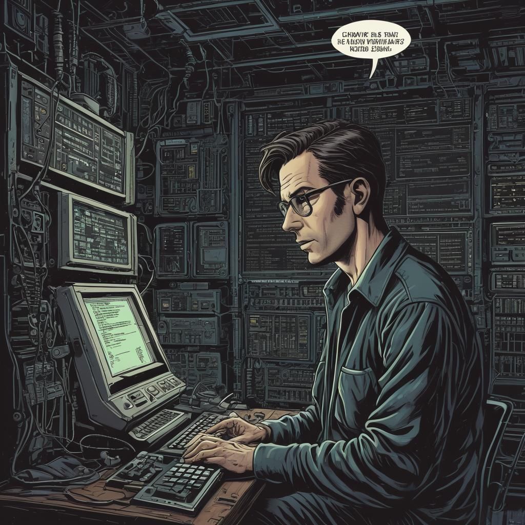 Software Developer Contemplates COBOL Code in Comic Book Art