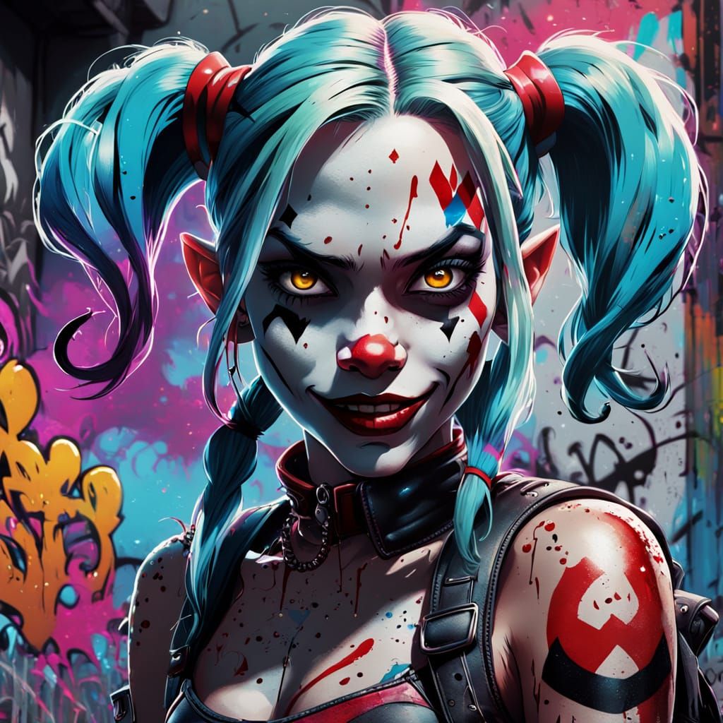 Evil Elf with Harley Quinn Look in Graffiti Art