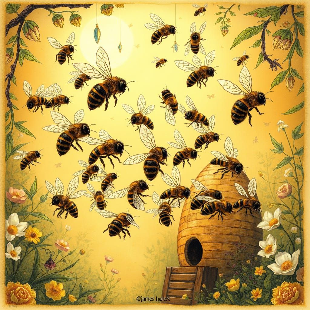 Golden Honeycombs in Whimsical Dreamlike Landscape