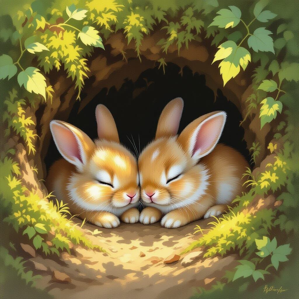 Two Fluffy Baby Bunnies Sleeping in Sunlit Burrow