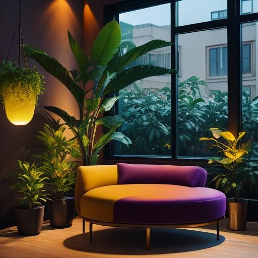Modern Lounge in Ocher and Purple, Bokeh Lighting