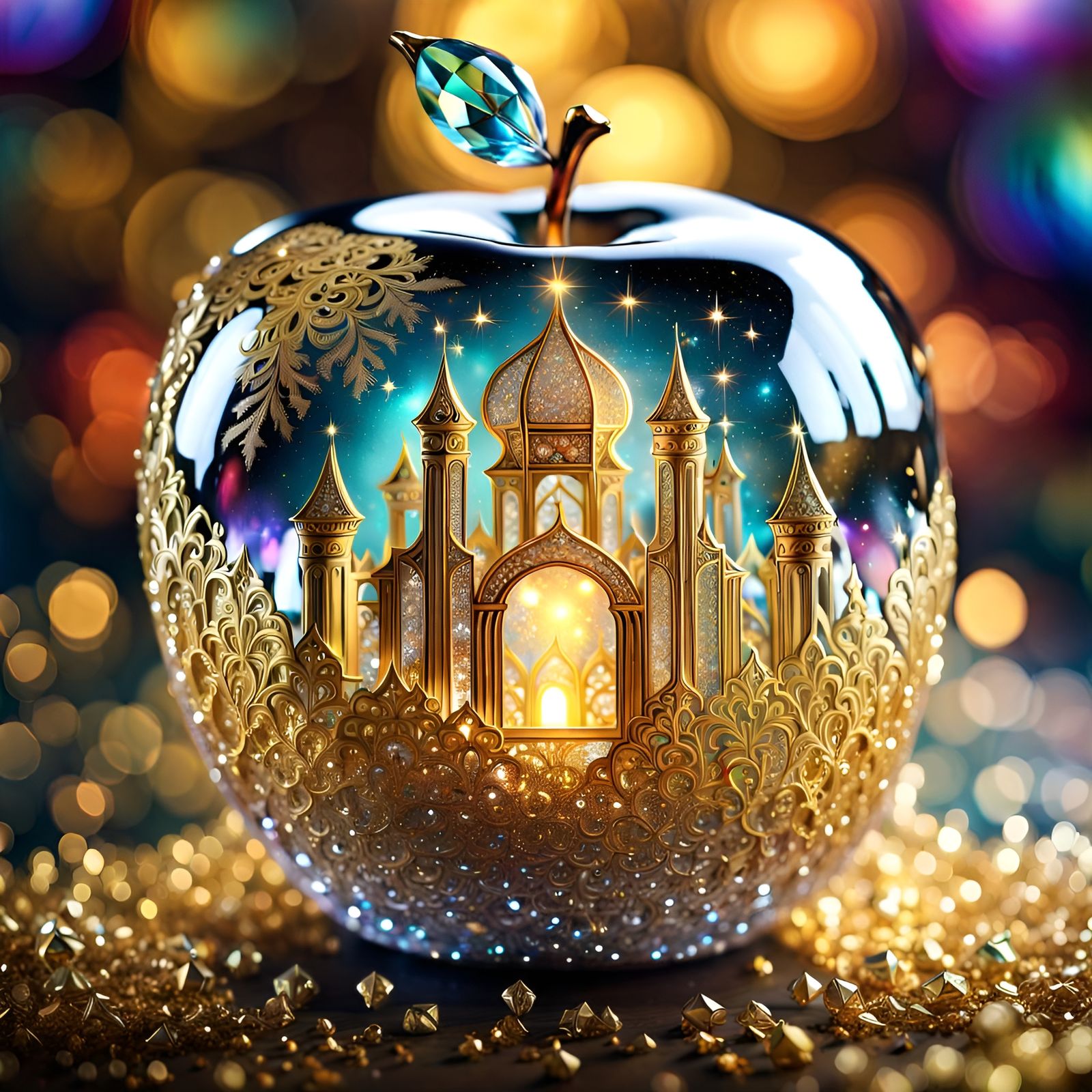 Magical Palace inside a Gold Crystal Glass Apple