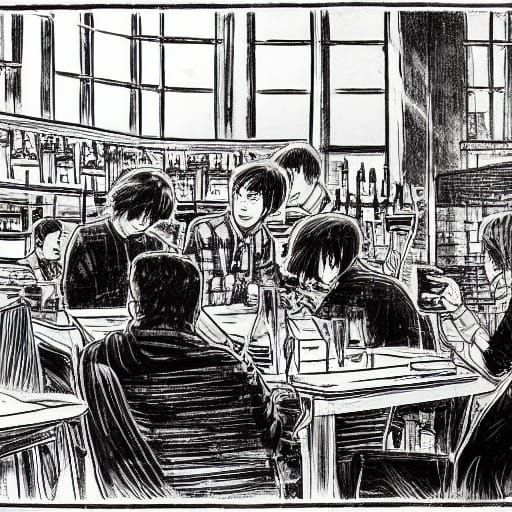 Man Eating in Irish Pub, Manga Scan Style