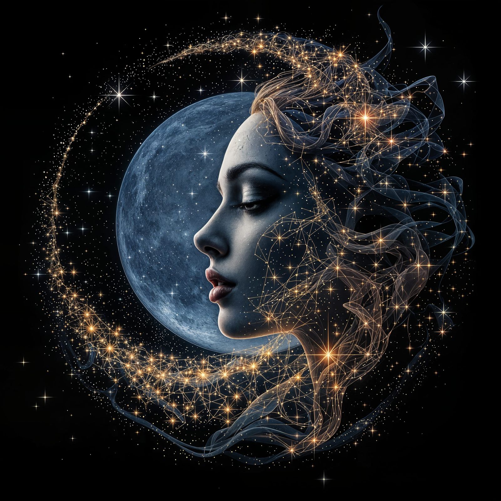 Surreal Moon Goddess in Double Exposure Style