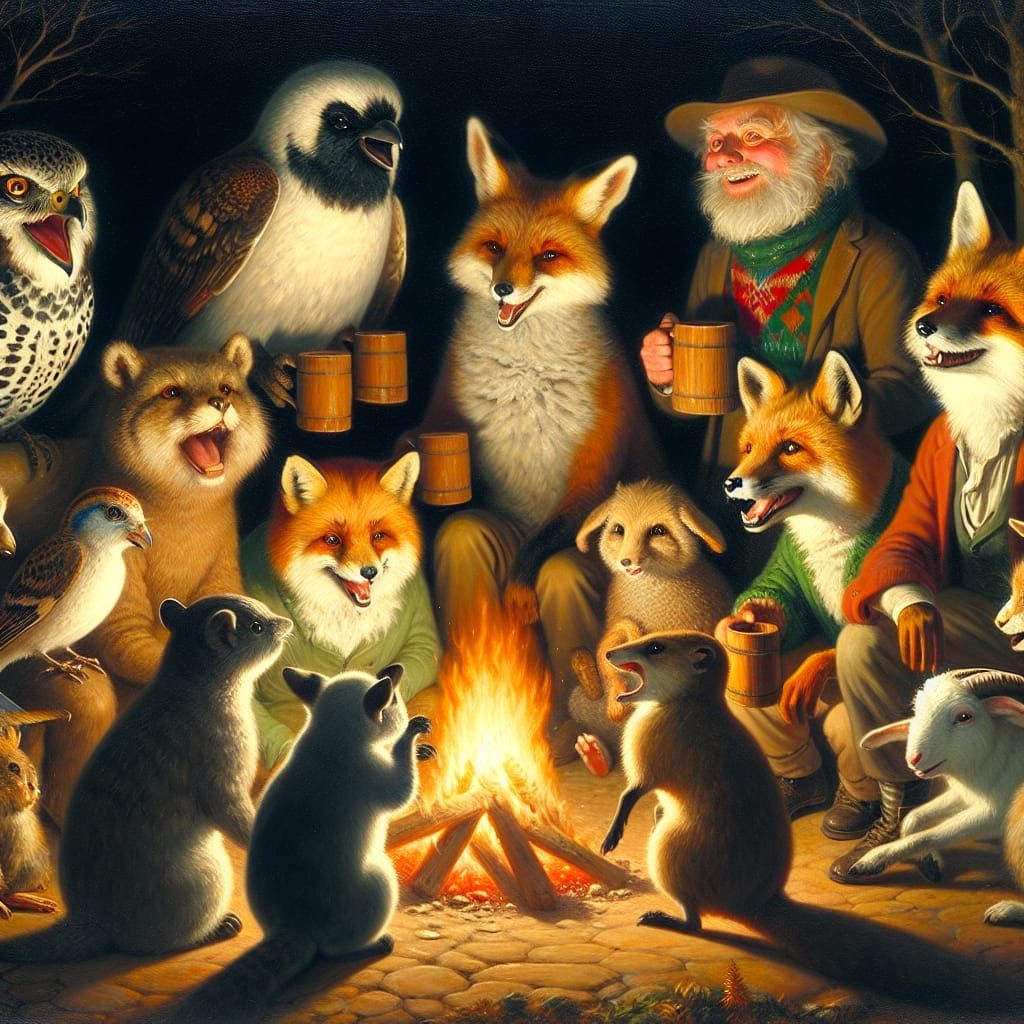 Anthropomorphic Friends Gather Around a Winter Campfire