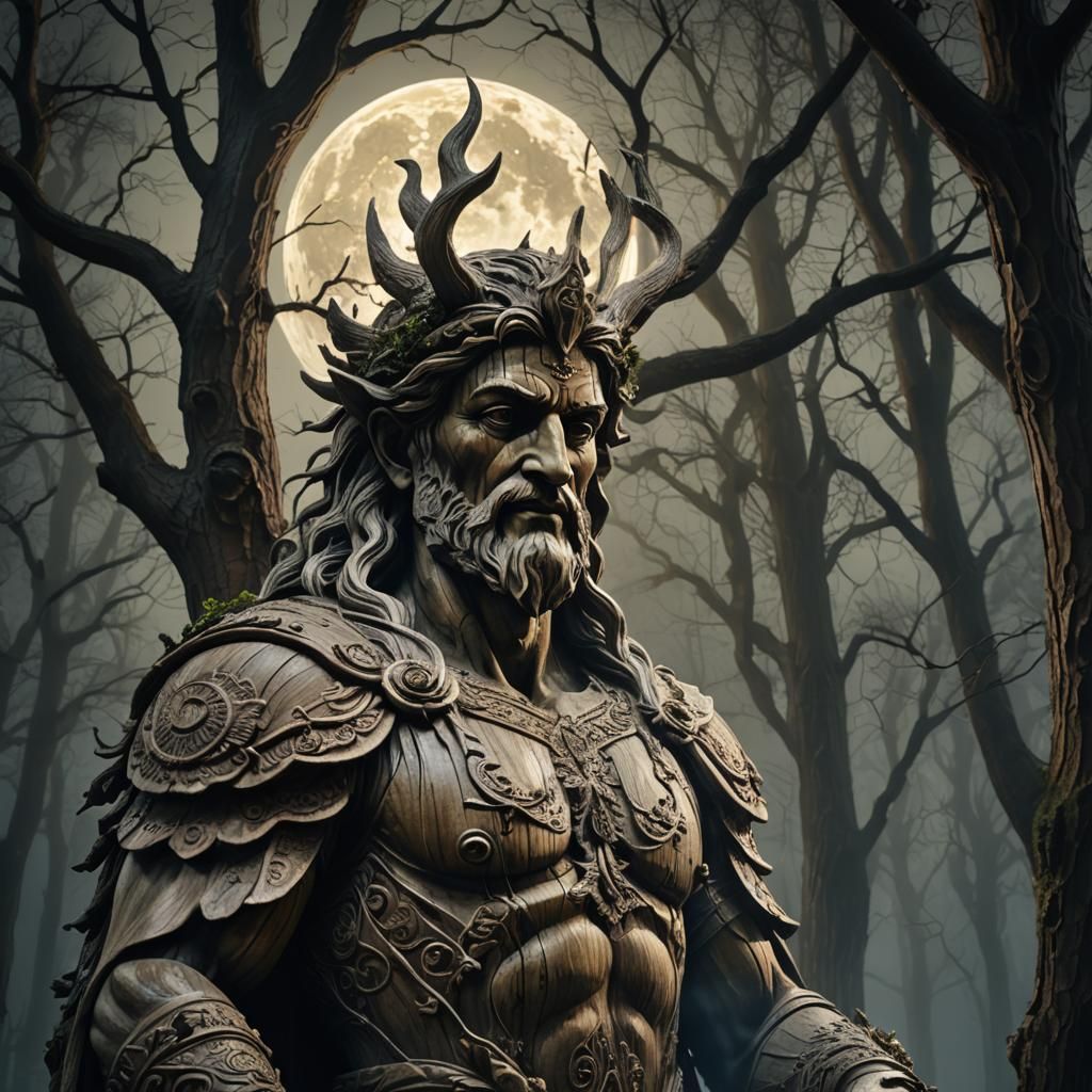 Mystical Forest God Statue in Moonlight